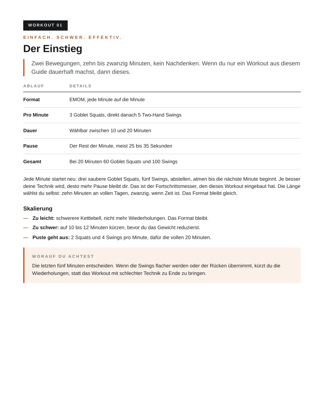 Innenseite: Workout als fertige Tabelle